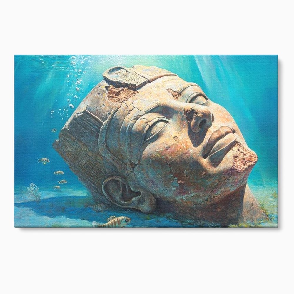 Tablou canvas cu cap de statuie faraonica scufundat, fara rama, pe sasiu de lemn